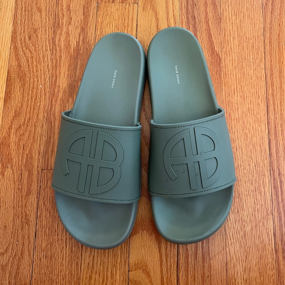Anine Bing Olive Slide Sandals with Embossed Logo